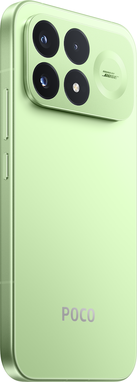Rear three-quarter view of the Aurora Green POCO F9 Pro