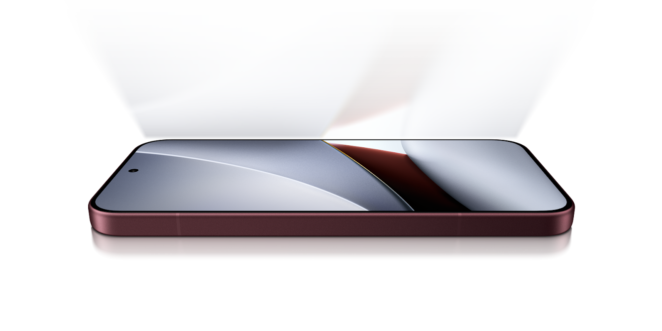 Dark Cherry POCO F9 Ultra shown horizontally with its 185Hz display facing up